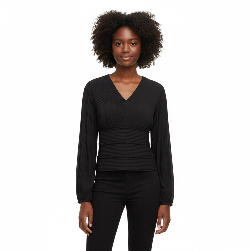 NWT White House Black Market Black Pintuck Blouse Size 8